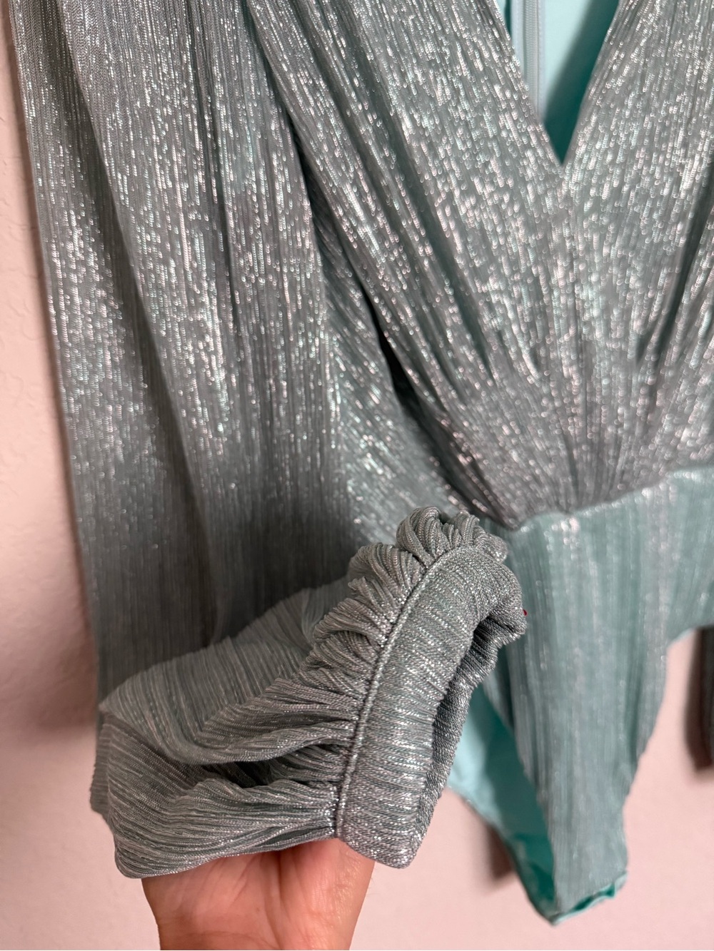 PatBO Blue Silver Metallic Lurex Plunge Bodysuit Size L Designer Disco Luxury - Picture 4 of 8